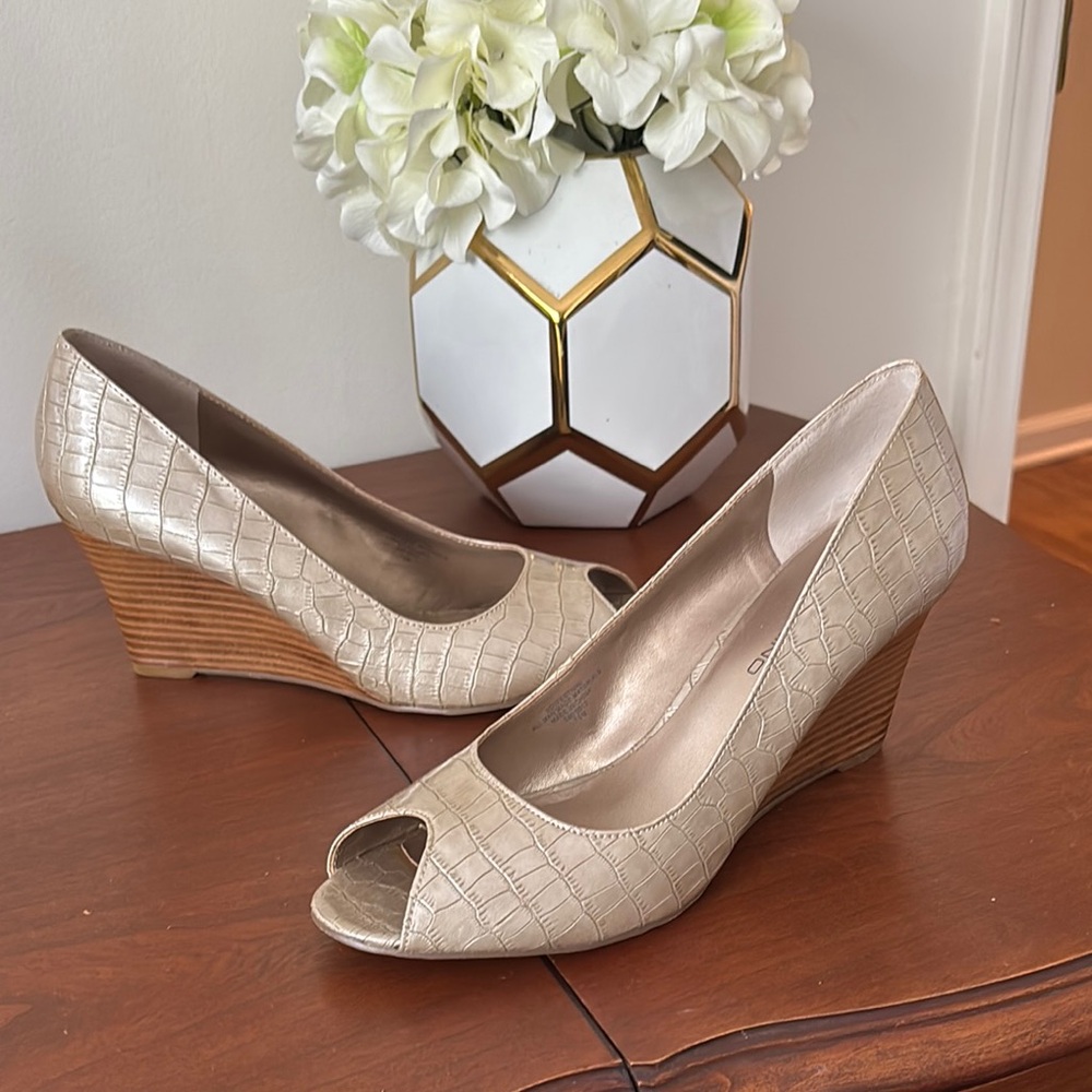 Beige Peep-Toe Wedge Heels